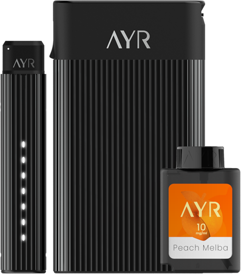 The Ayr auto-refill and recharge case, alongside the Ayr vape pen and liquid capsule