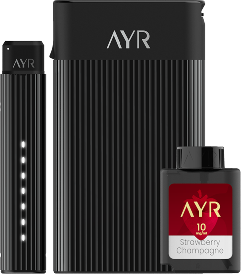 The Ayr auto-refill and recharge case, alongside the Ayr vape pen and liquid capsule